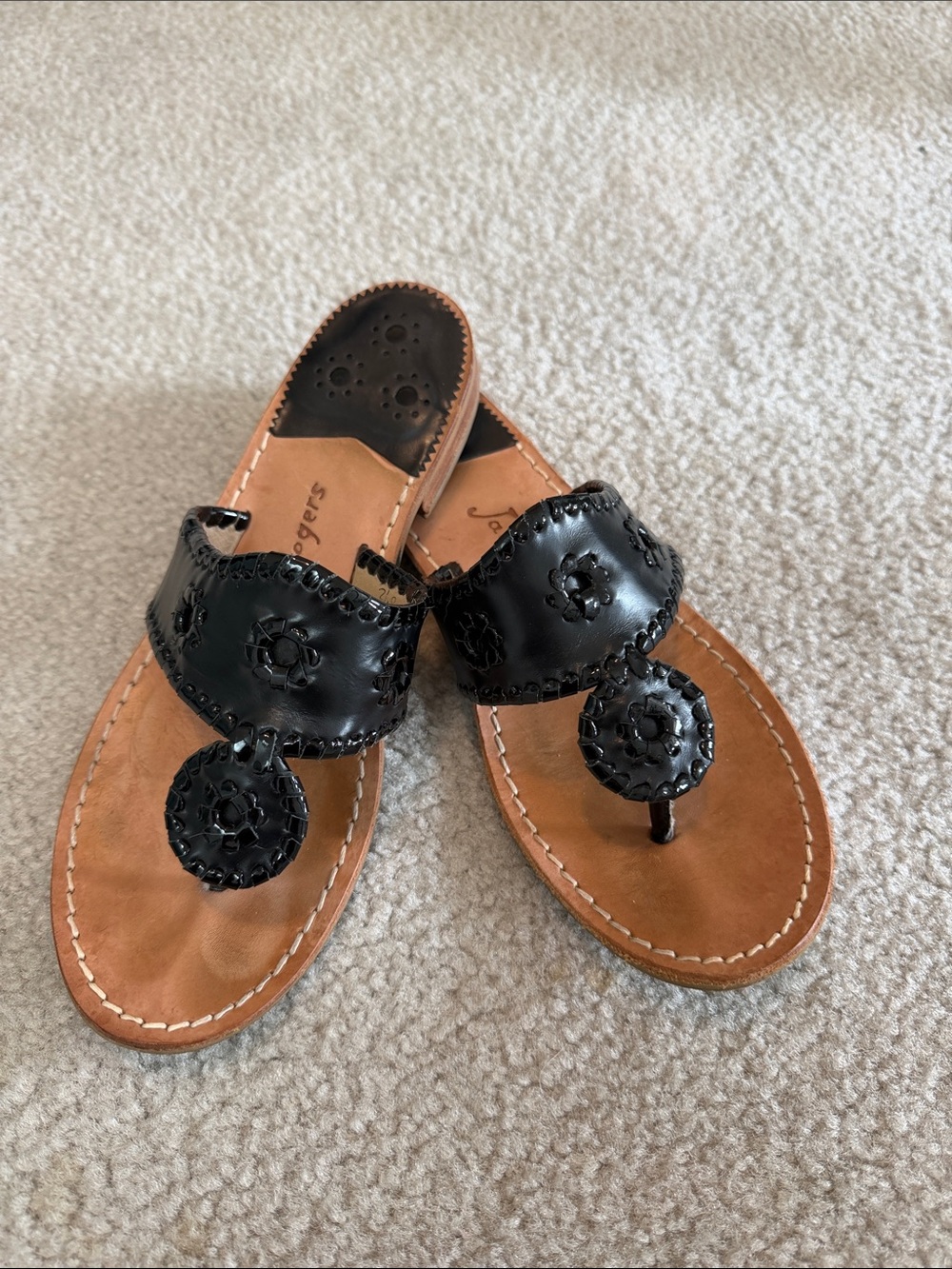 Jack Rogers Black Leather Whipstitched Toe-Ring Sandals - Picture 2 of 10